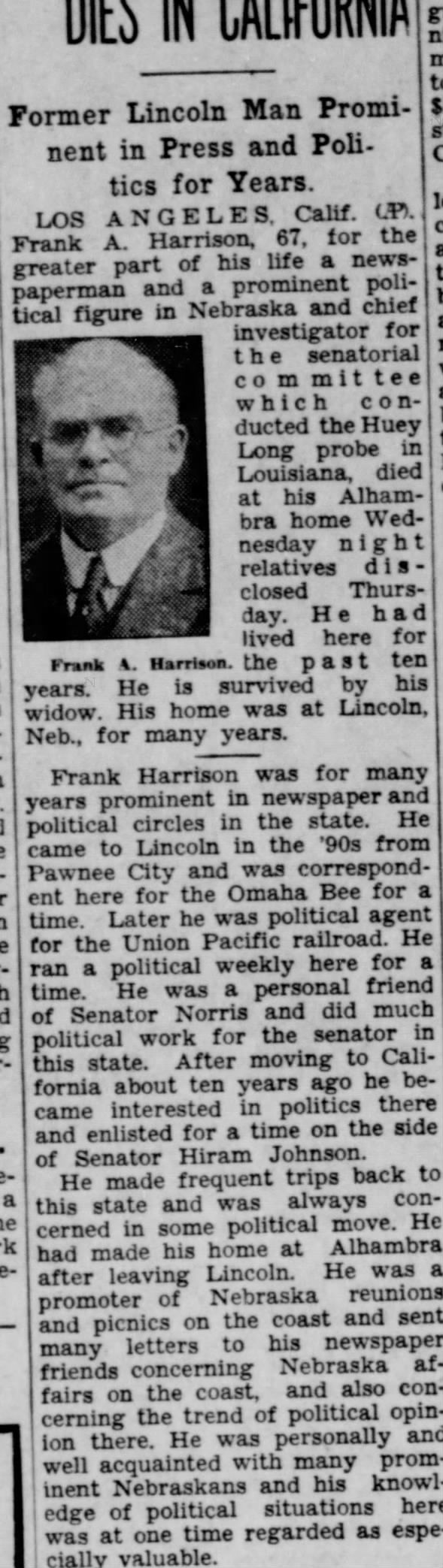 Obituary for Frank A. Harrison (Aged 67)